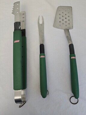 Vintage Coleman 3 piece BBQ Grill Tools Spatula Tongs Grill Fork